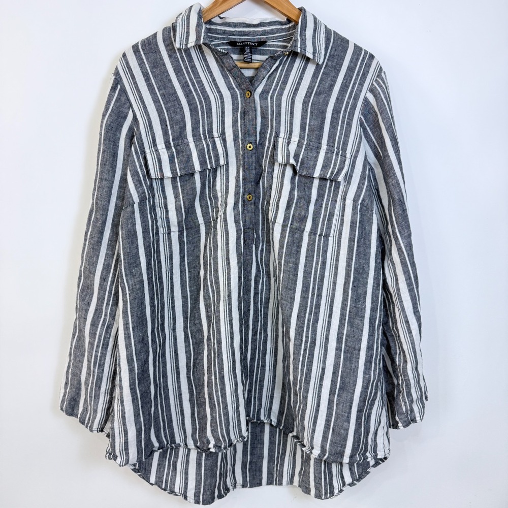 Ellen Tracy Linen Popover Top 1X Gray White Striped Roll Tab Sleeves Coastal